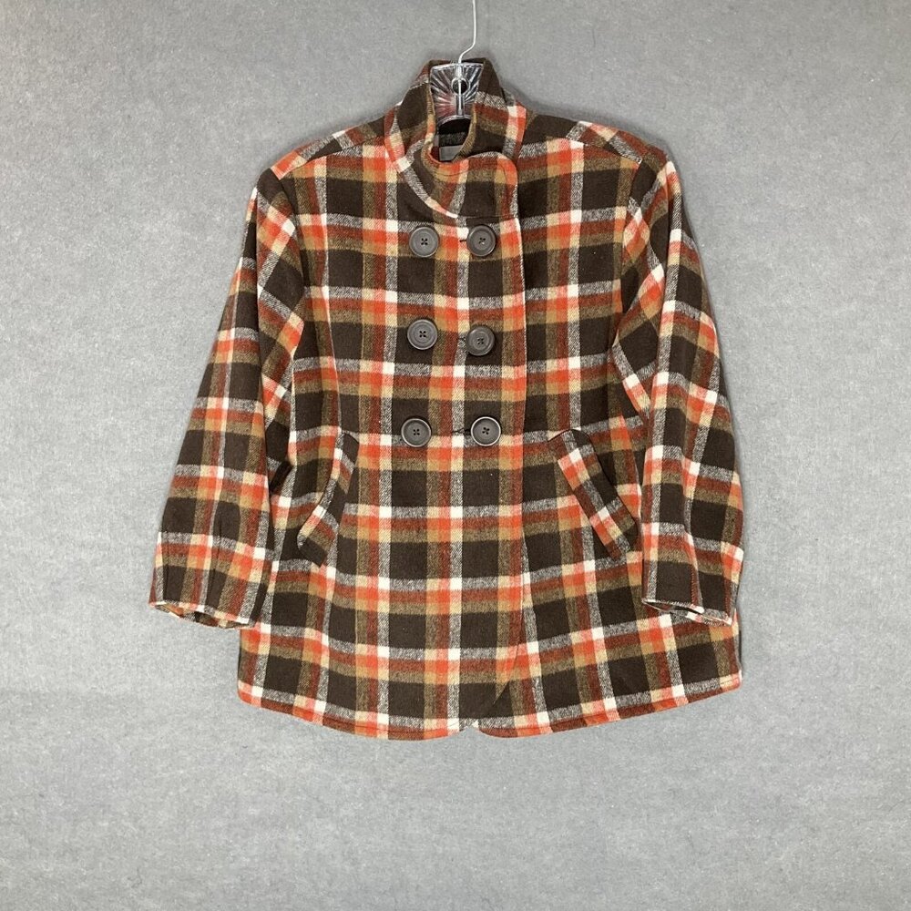 Charlie Pea Coat Womens Sz M Plaid Wool Blend Lined Preppy Outdoor Winter